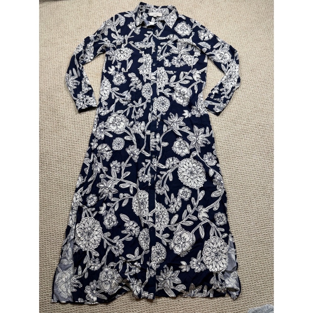 LOFT Dress Womens Small Navy/White Floral Button‎ Front Midi Cottagecore Split